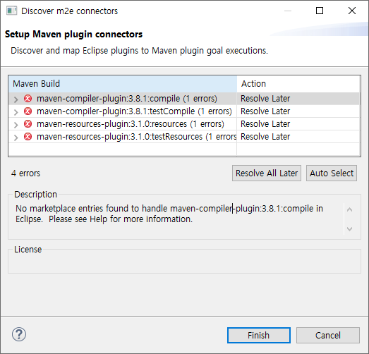 No marketplace entries found to handle maven-compiler-plugin:3.8.1:compile in Eclipse. 오류