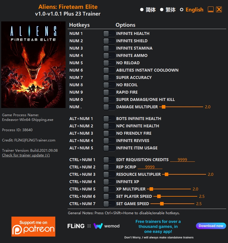 [트레이너] 한글판 에이리언 파이어팀 엘리트 최신 영문판 Aliens Fireteam Elite v1.0-v1.0.1 Plus 23 Trainer
