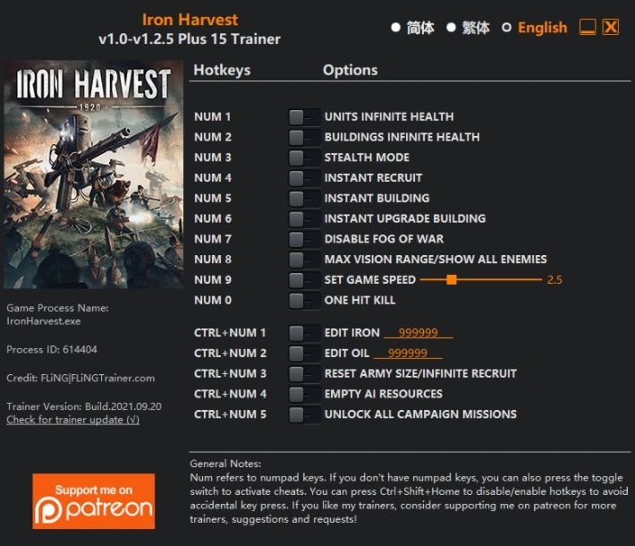 [트레이너] 한글판 아이언 하베스트 최신 영문판 Harvest v1.0-v1.2.5 Plus 15 Trainer
