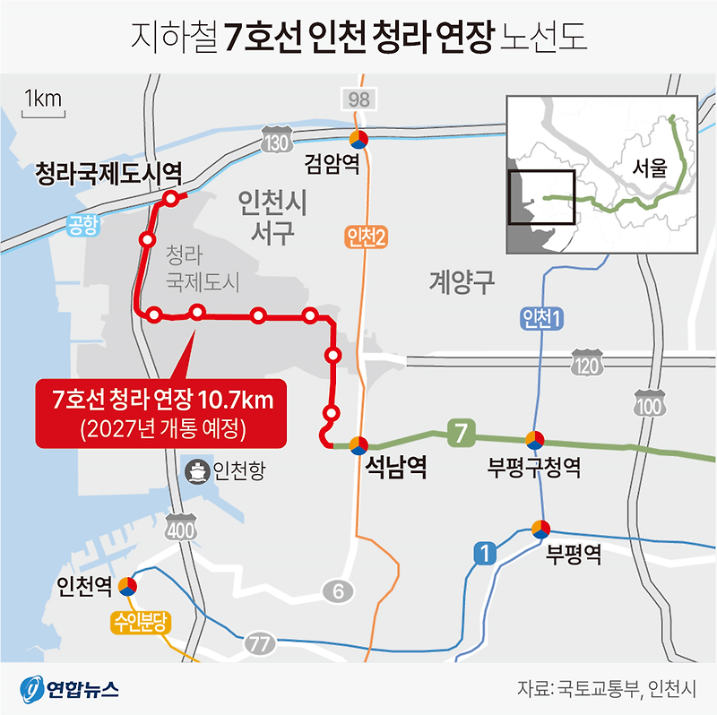 지하철 7호선 인천 청라 연장 노선 '돔구장역' 신설 | 2027년 개통 목표