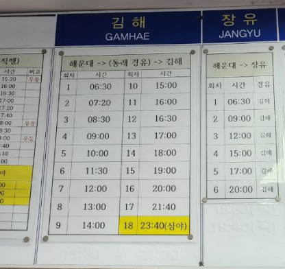 2022년 5월 1일자로 변경된 해운대-김해 간 시외버스 시간표