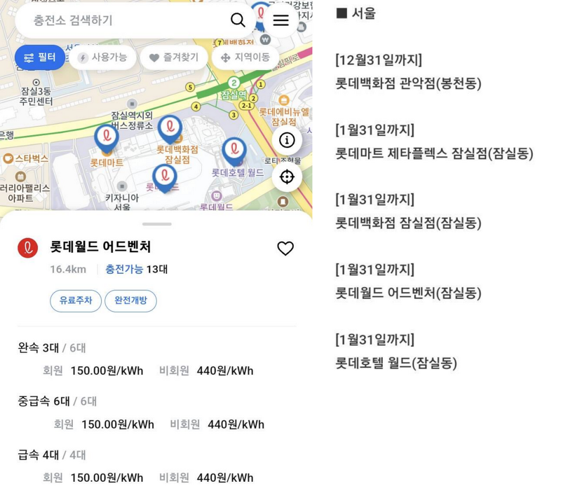 [이벤트] (잠실) 롯데백화점/호텔/마트 전기차 충전 150원 이벤트 - 24년 1월까지