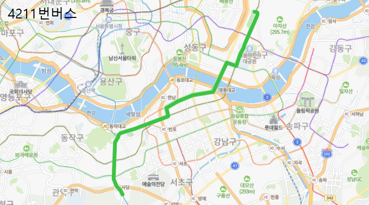 [서울] 4212번 버스 시간표,  노선 정보 : 사당역, 고속버스터미널, 신사역, 건대입구역, 어린이대공원역