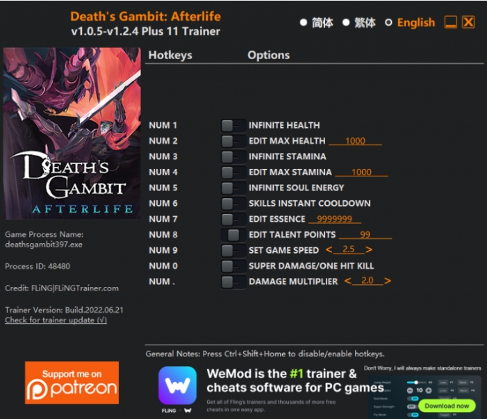 [트레이너] 한글판 데스 갬빗 애프터라이프 최신 영문판 Deaths Gambit Afterlife v1.0.5-v1.2.4 Plus 11 Trainer