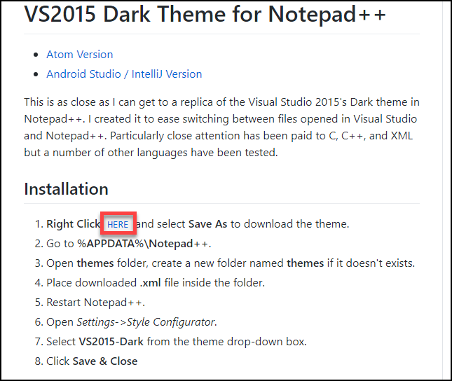 notepad++ 테마 변경 방법 / VSCode2015 Dark / 다크모드 하는 방법