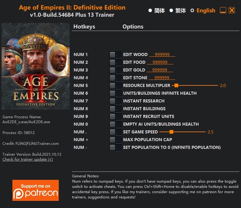 [트레이너] 한글판 에이지 오브 엠파이어2 최신 영문판 Age of Empires II Definitive Edition v1.0-Build.54684 Plus 13 Trainer