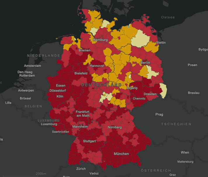 독일 코로나 현재 상황, 2020년 11월 4일 기준, 점점 심각해지는 독일 코로나 상황, 독일 지역별 코로나 확진자 수 (독일 코로나 위험지역)