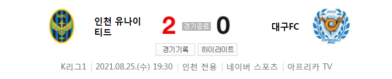 국내축구 - 인천 VS 대구 2021 K리그 27라운드 하이라이트 (2021년 8월 25일)