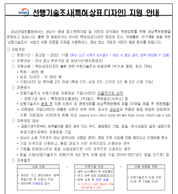 [경기] 성남시 2022년 선행기술조사(특허ㆍ상표ㆍ디자인) 지원사업 모집 공고