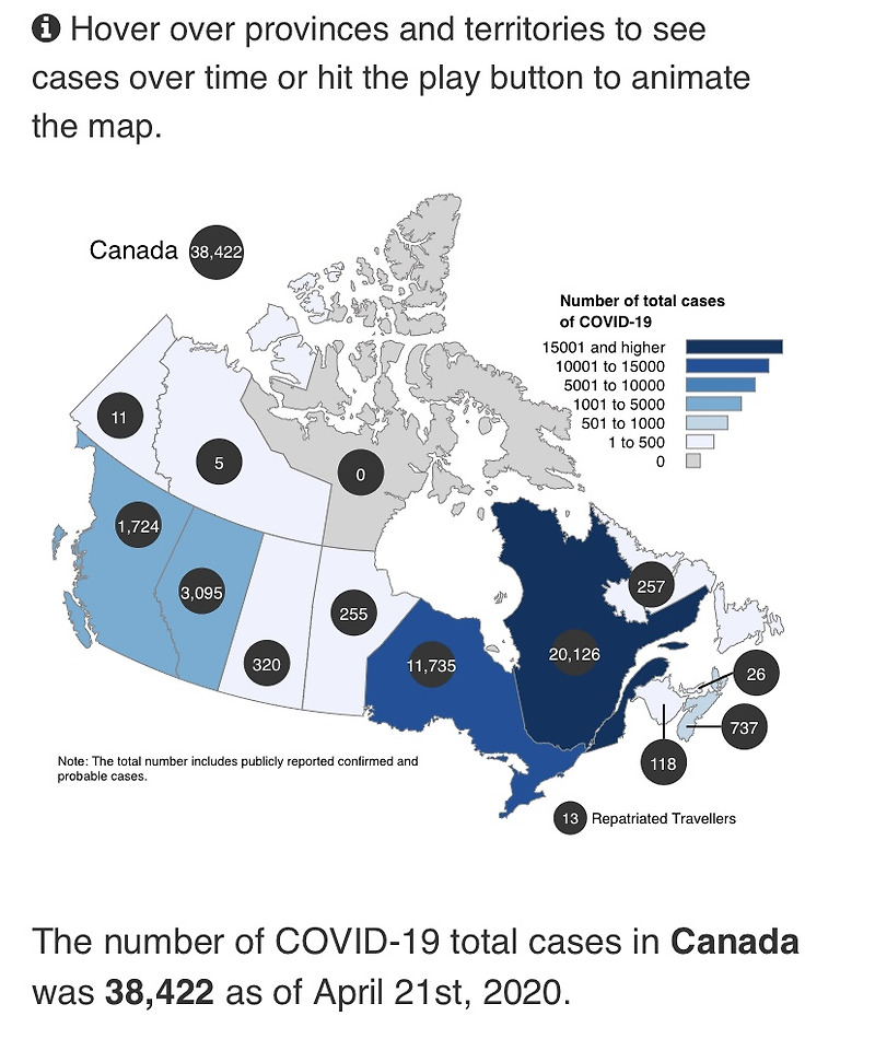 캐나다 코로나 확진자구 covid-19 38000명이 넘어서다