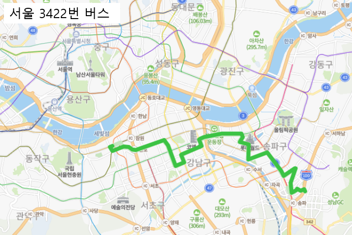 [서울] 3422 버스 노선, 시간표 정보 : 서울고속버스터미널, 헬리오시티, 삼성역, 신논현역