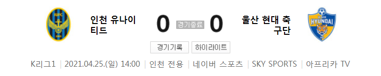 2021 K리그1 / 12라운드 - 인천 유나이티드 대 울산 현대 축구단 (2021년 4월 25일 경기 하이라이트)