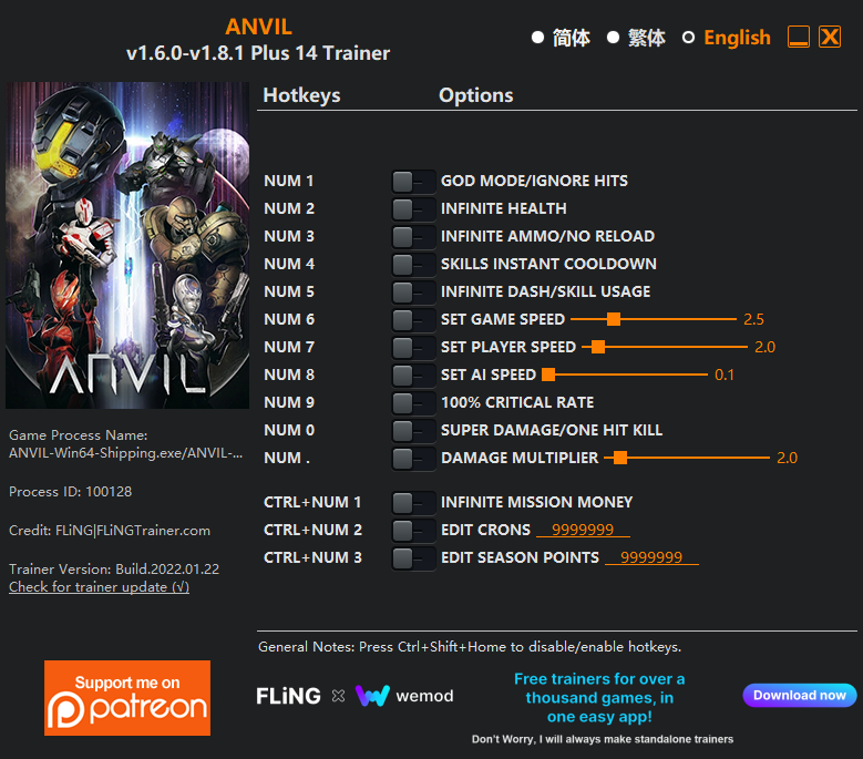 [트레이너] 한글판 앤빌 ANVIL v1.6.0-v1.8.1 Plus 14 Trainer 영문판