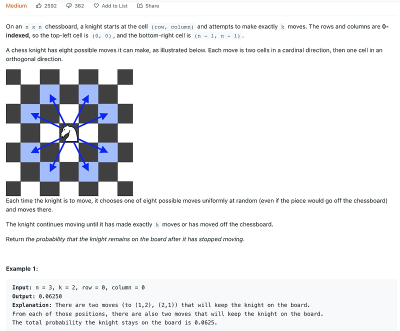[LeetCode] 688 - Knight Probability in Chessboard(java)