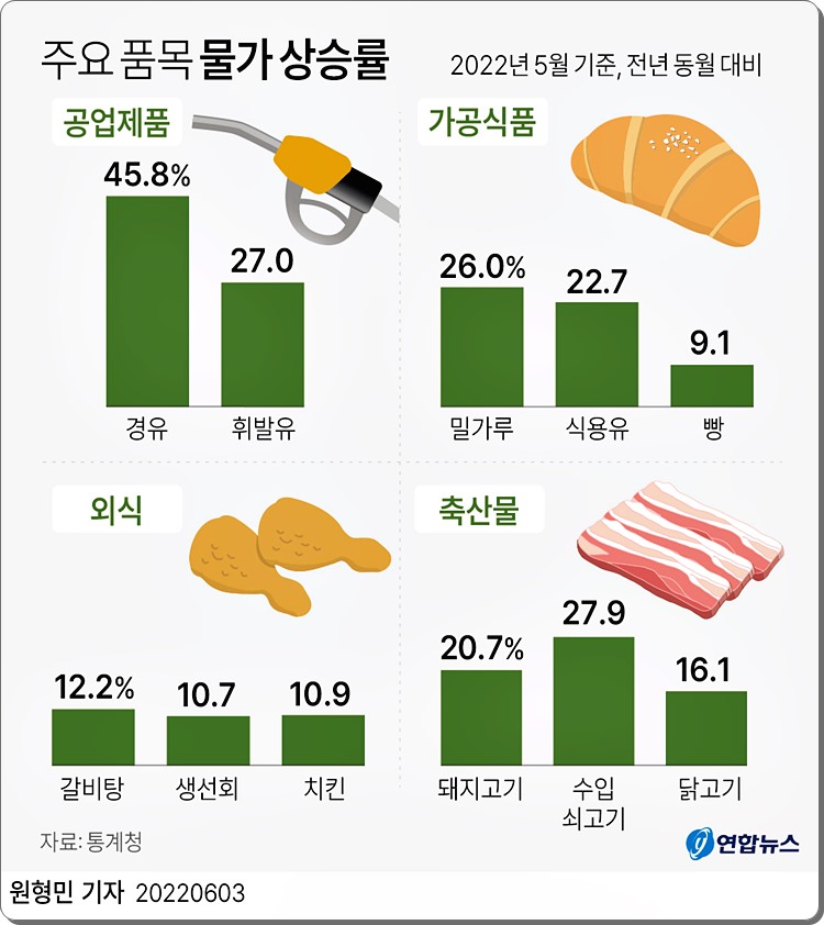 주요 품목 물가 상승률(경유 45.8%)