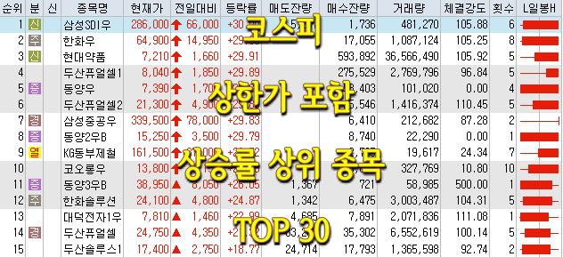 코스피/코스닥 상승률 상위(상한가 포함) 종목 TOP 30 (0611)