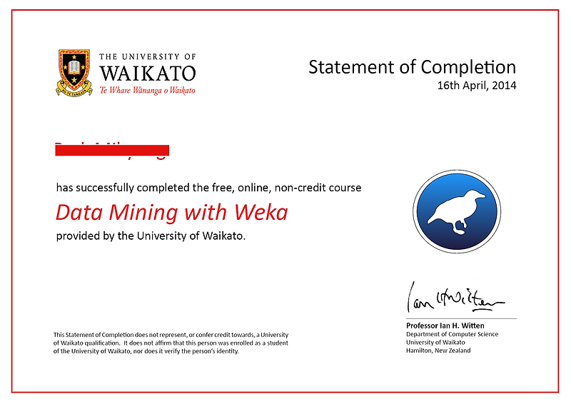 [WEKA] Waikato 대학의 Data Mining with WEKA 강의 수강하기 / Certification 받기(Feat. Prof. Ian Witten)