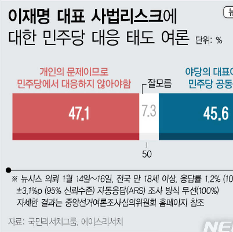 [여론조사] 이재명 대표 사법리스크 공동 대응 여론 | 찬성 45.6%·반대 47.1% (01월14일~16일, 뉴시스)