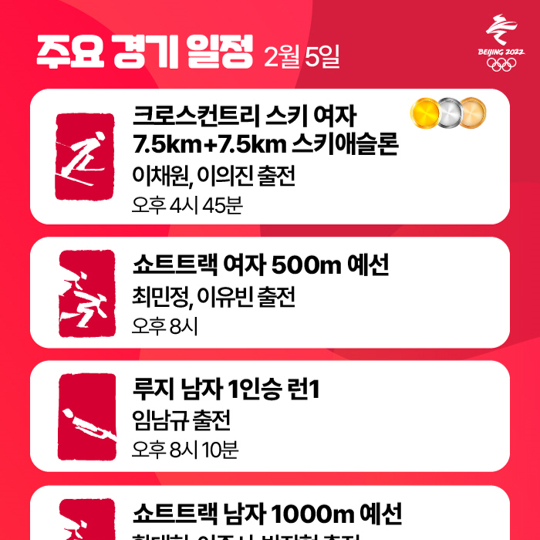 [2022 베이징 올림픽] 5일 한국 선수 경기 일정