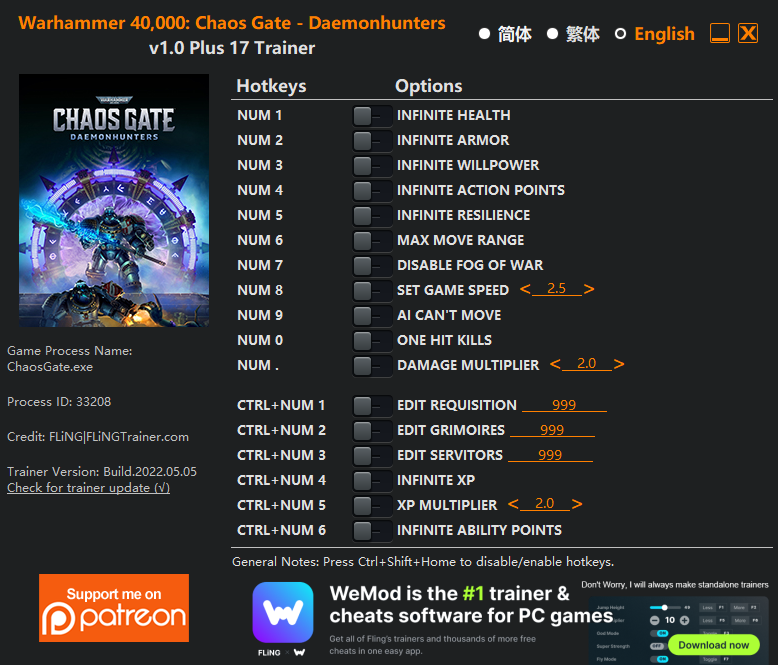 [트레이너] 한글판 워해머 40000 카오스 게이트 데몬헌터즈 영문판 Warhammer 40000 Chaos Gate Daemonhunters v1.0 Plus 17 Trainer