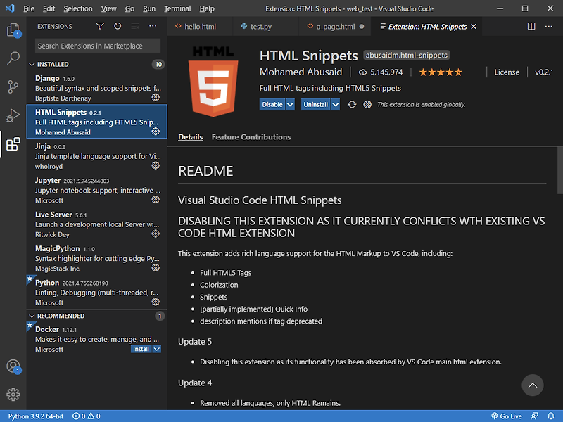 Visual studio, HTML 자동 완성 설정하는 방법(HTML:5)