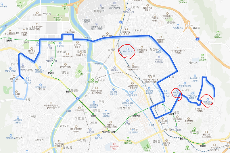 [대전] 605번버스 노선정보 : 대전대, 우송대, 대동역, 정부청사