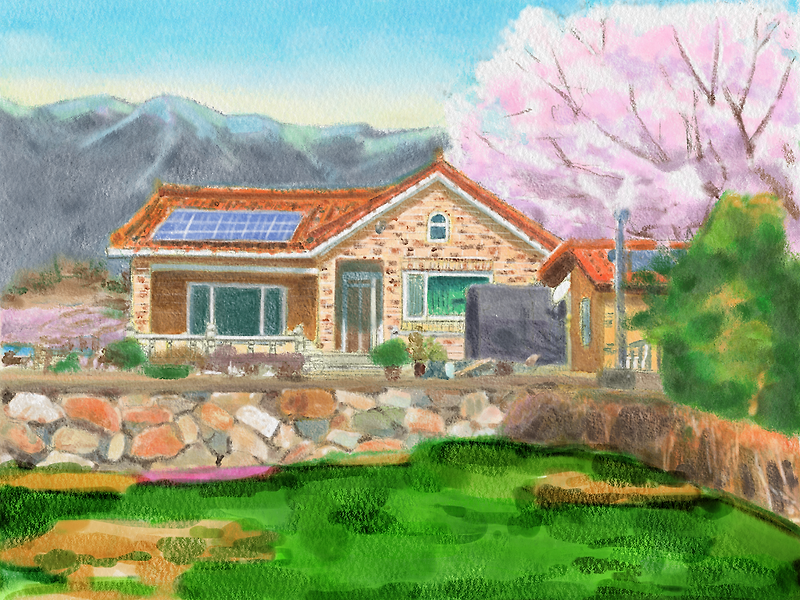 벚꽃 나무 집 정원 그림 수채화 버전(Artset)
