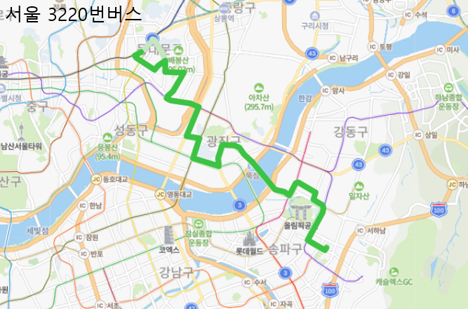 [서울] 3220번 버스 노선, 시간표 정보 : 방이역, 건대, 어린이대공원역, 청량리역, 서울시립대