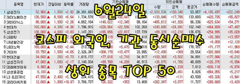 6월24일 코스피/코스닥 외국인, 기관 동시 순매수/순매도 상위 종목 TOP 50