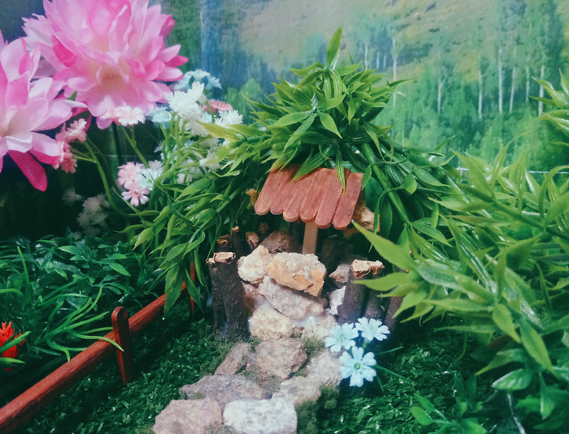 나의취미생활 DIY미니어처하우스 마을만들기 1탄우물(나뭇가지,돌맹이,인조잔디,조화 등)
