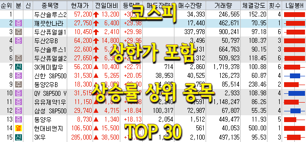 코스피/코스닥 상한가 포함 상승률 상위 종목 TOP 30 (0612)