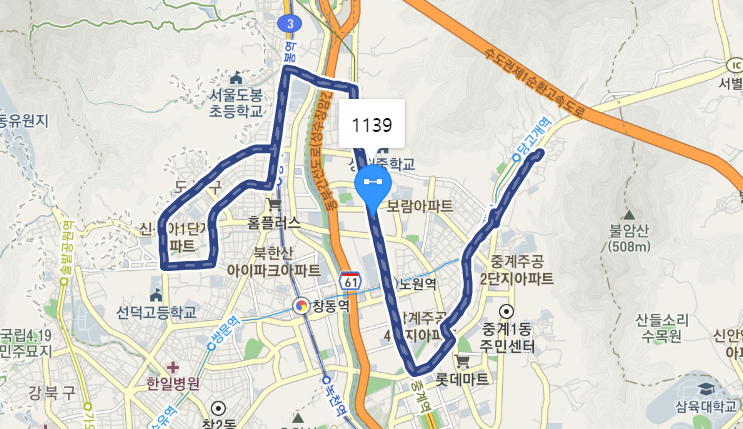 [서울] 1139번버스 노선 정보 : 상계동, 중계역, 마들역, 도봉역, 방학역