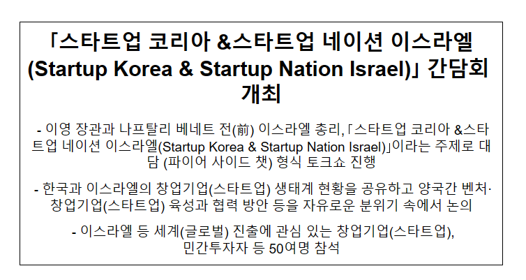 ｢스타트업 코리아 &스타트업 네이션 이스라엘(Startup Korea & Startup Nation Israel)｣ 간담회 개최
