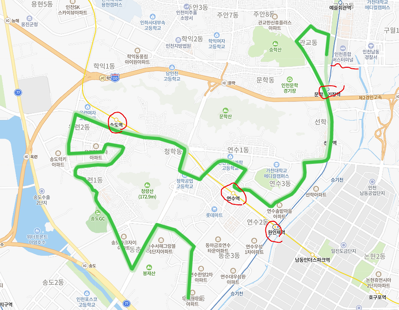 [인천] 523번버스 시간표와 노선 : 나사렛국제병원, 송도역, 연수역, 선학역, 인천시립박물관