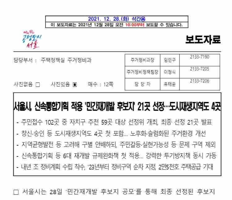 신속통합기획 '민간재개발 후보지' 21곳 선정 (지금이 기회다)