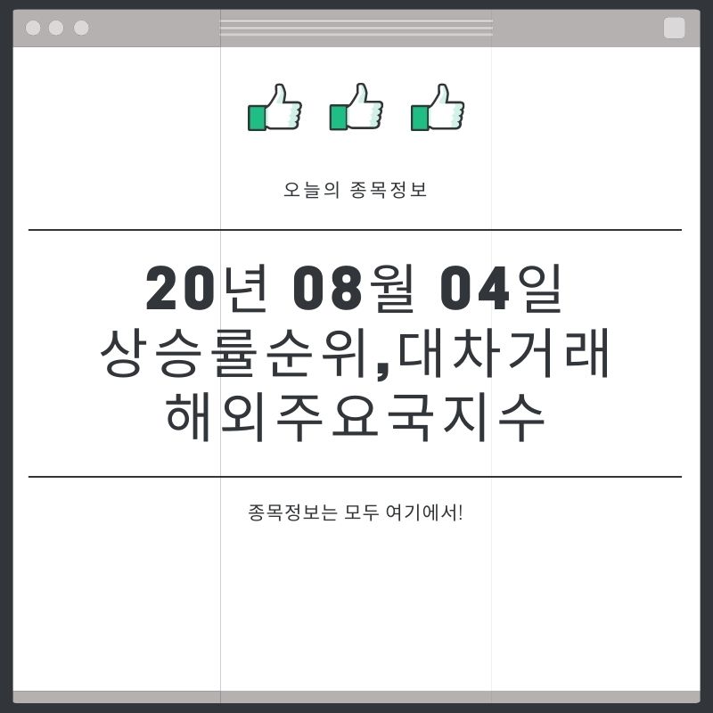 주요국지수및 대차거래와 오늘의 상승순위[20년 08월 04일]