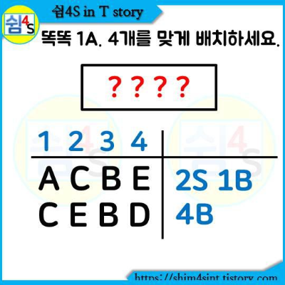 똑똑 퀴즈 001  A B C D E 중에서 4개를 맞게 배치하세요.