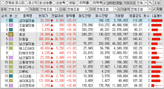 11월12일 코스피 코스닥 상한가 포함 상승률 상위 종목 TOP 100
