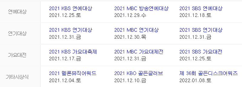 <2021 연말 시상식 일정>