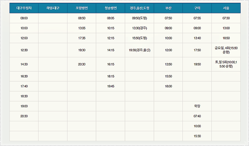 영천시외버스터미널 시간표
