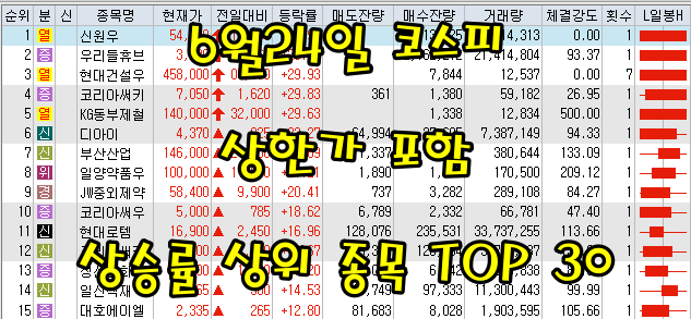 6월24일 코스피/코스닥 상한가 포함 상승률 상위 종목 TOP 30
