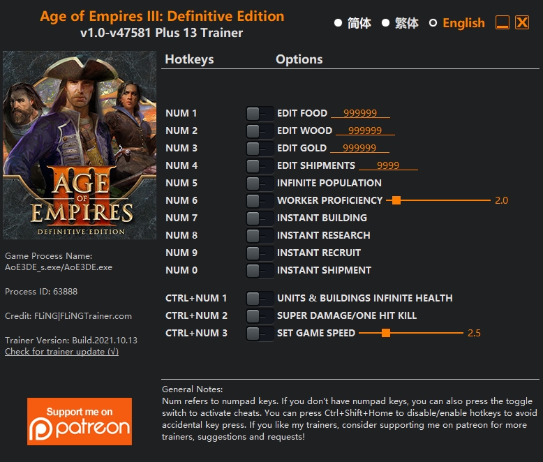 [트레이너] 한글판 에이지 오브 엠파이어3 최신 영문판 Age of Empires III Definitive Edition v1.0-v47581 Plus 13 Trainer