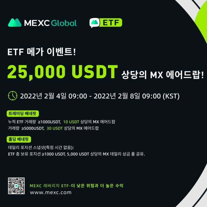 MEXC ETF 메가 이벤트 25,000 USDT 상당 MX 코인 에어드랍