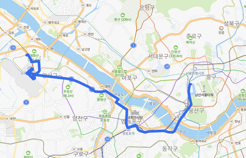 [서울] 605번버스 노선 , 시간 정보 :  개화역, 김포국제공항, 당산역, 영등포역, 서울역