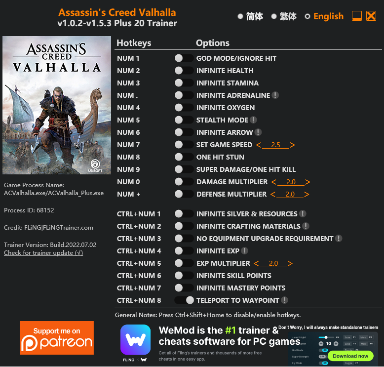 [트레이너] 한글판 어쌔신크리드 발할라 v1.0.2-v1.5.3 Plus 20최신 영문판 Assassins Creed Valhalla v1.0.2-v1.5.3 Plus 20 Trainer