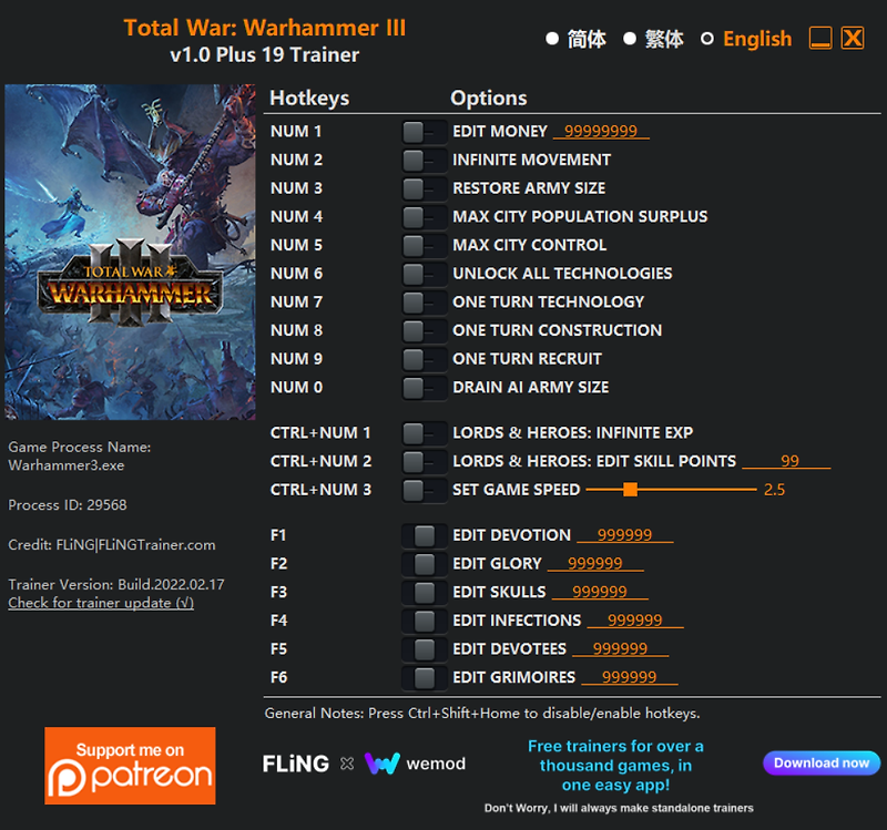[트레이너] 한글판 토탈 워 워해머3 Warhammer III v1.0 Plus 19 Trainer 영문판