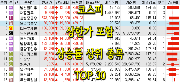 코스피/코스닥 상한가 포함 상승률 상위 종목 TOP 30 (0616)