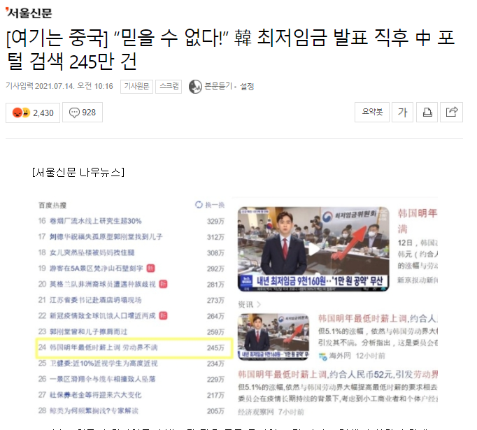 한국 최저임금에 관심 많은 중국인들 - 중국 포털 검색 245만 건 '한국최저임금'