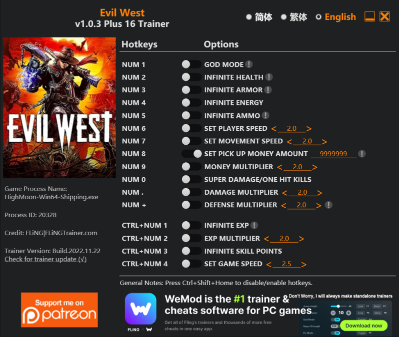 [트레이너] 한글판 이블 웨스트 v1.0.3 Plus 16 최신 트레이너 Evil West v1.0.3 Plus 16 Trainer