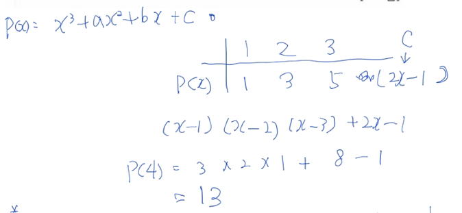 x^3의 계수가 1인 삼차식 P(x)에 대하여 P(1)=1, P(2)=3, P(3)=5일때, P(x)를 x-4로 나눌때 나머지를 구하시오